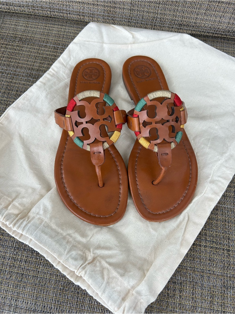 EUC Tory Burch size 7 Tan Brown Leather Miller Sandals Multicolor Trim Logo - Picture 1 of 8